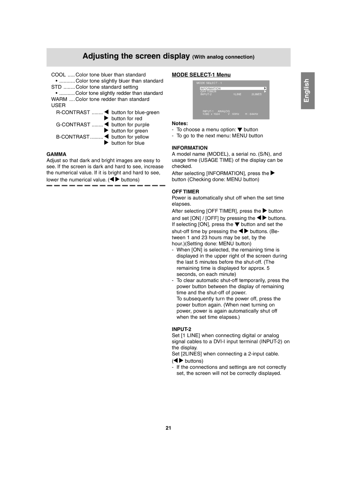 Sharp LL-T1815 operation manual Mode SELECT-1 Menu, Gamma, Information, OFF Timer, INPUT-2 