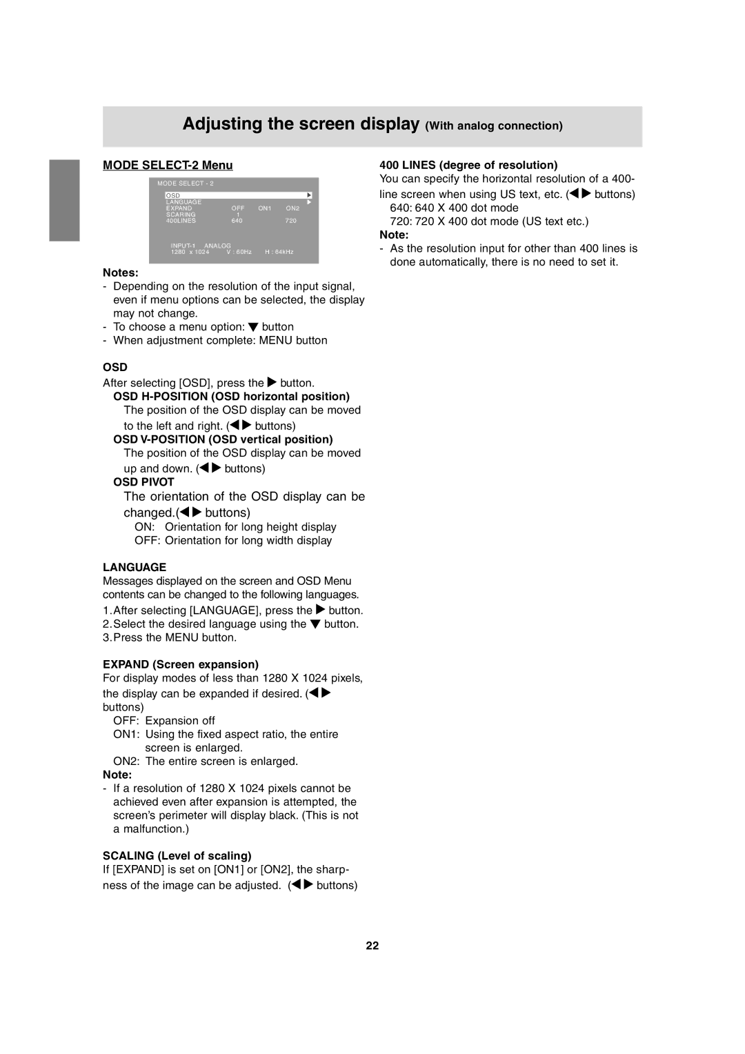 Sharp LL-T1815 operation manual Mode SELECT-2 Menu, Osd, OSD Pivot, Language 