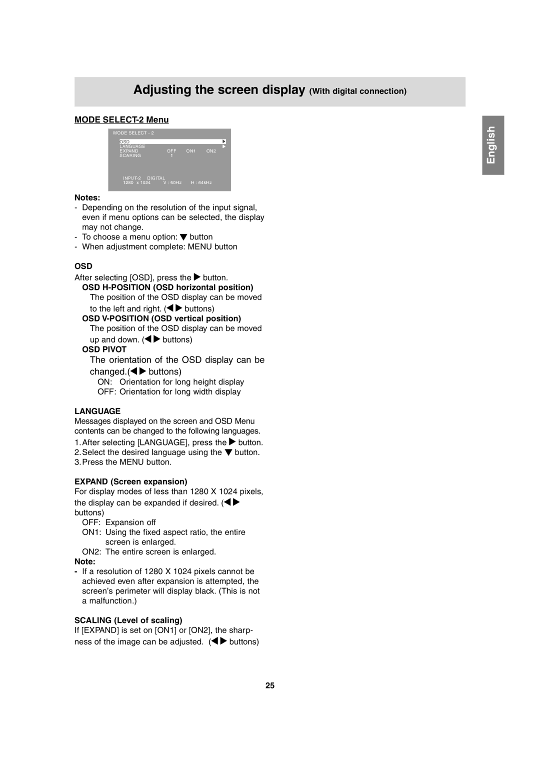 Sharp LL-T1815 operation manual Language Expand OFF ON1 ON2 Scaring INPUT-2 Digital 