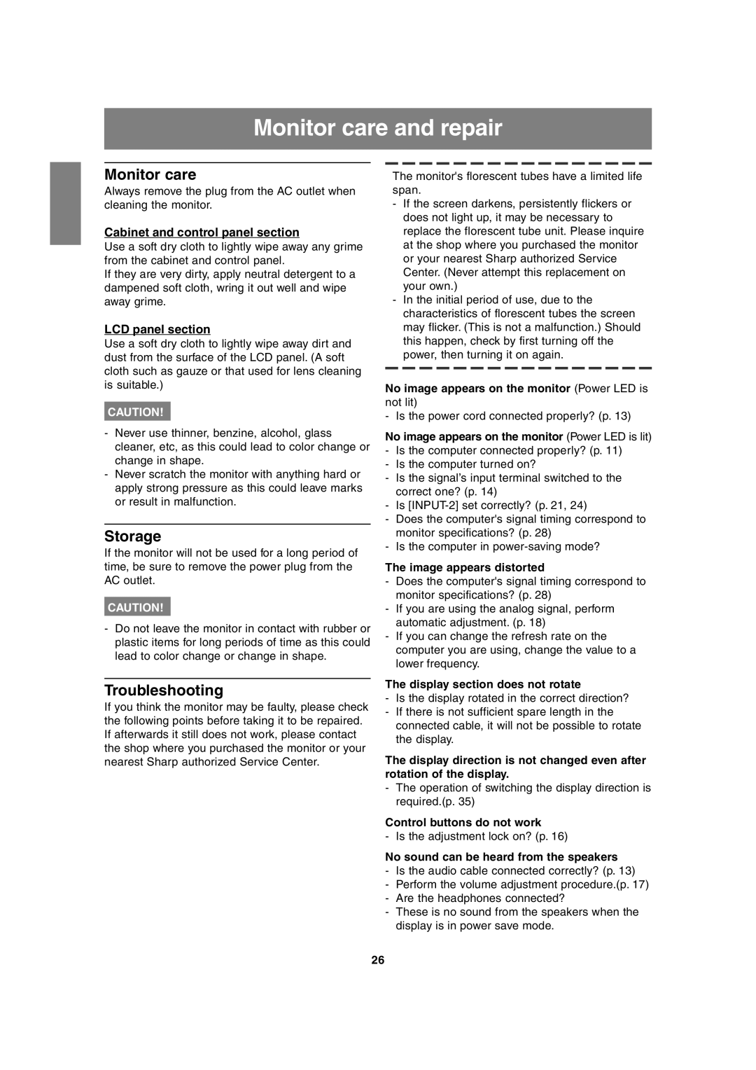 Sharp LL-T1815 operation manual Monitor care and repair, Storage, Troubleshooting 