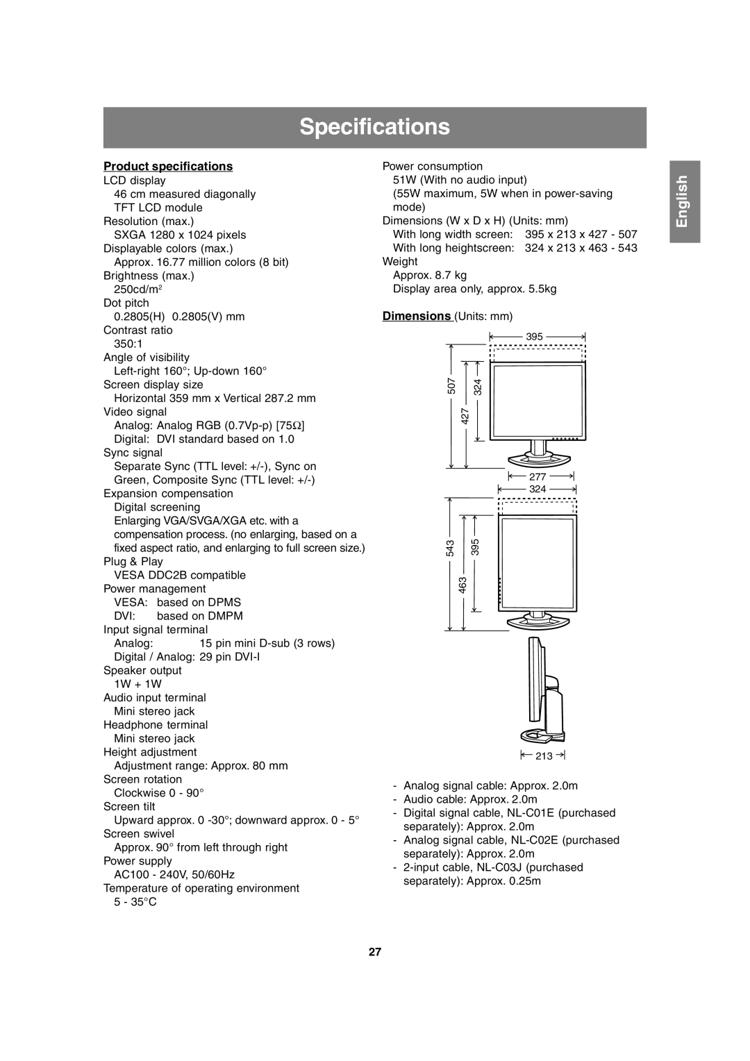 Sharp LL-T1815 operation manual Specifications, Product specifications 