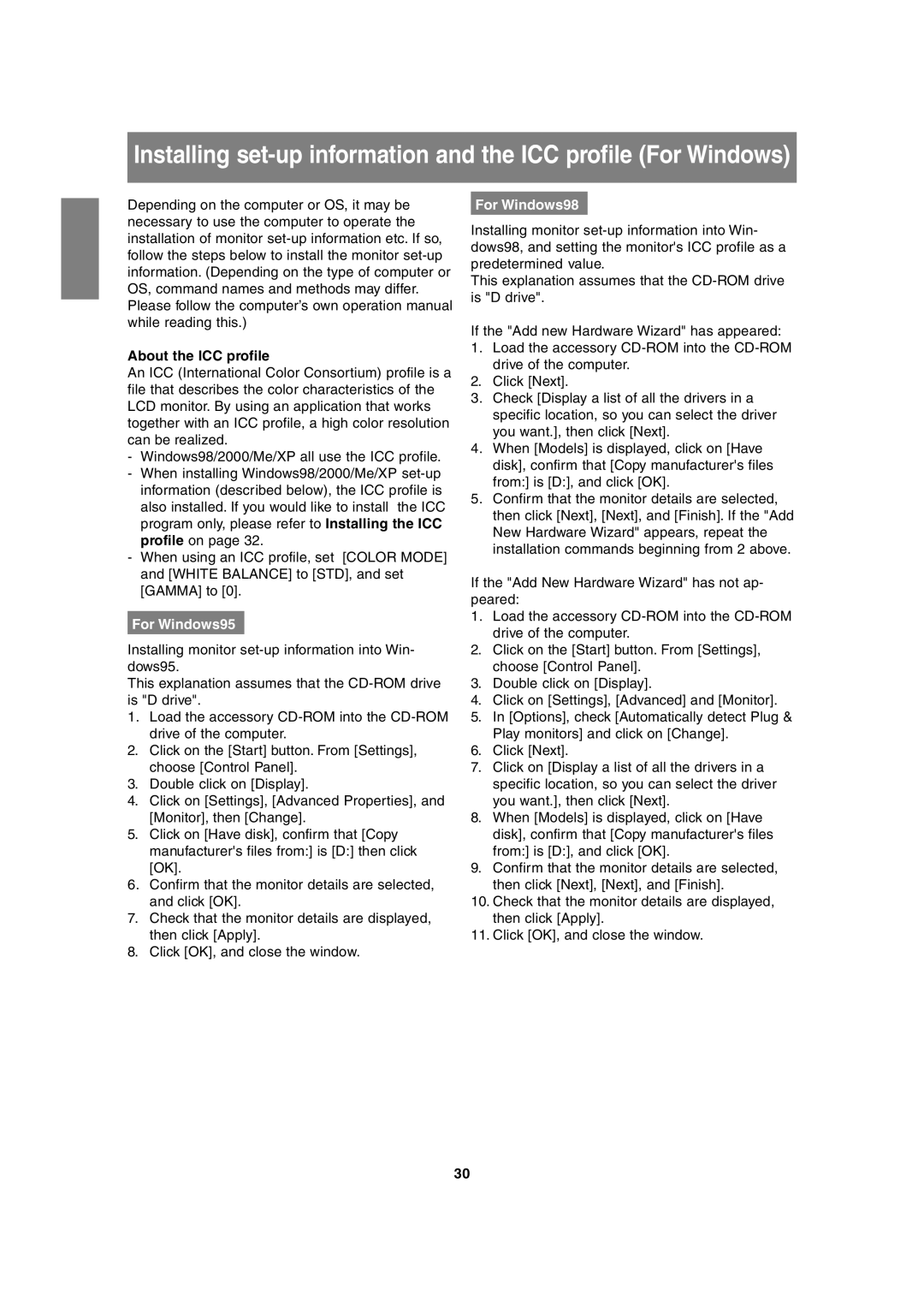 Sharp LL-T1815 operation manual About the ICC profile, For Windows95, For Windows98 