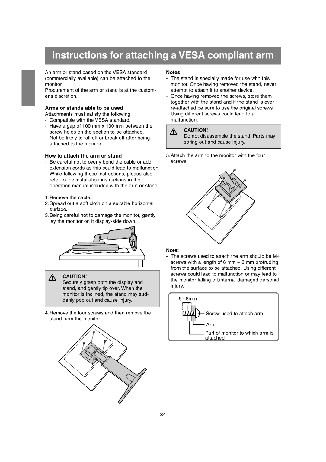 Sharp LL-T1815 operation manual Instructions for attaching a Vesa compliant arm, Arms or stands able to be used 