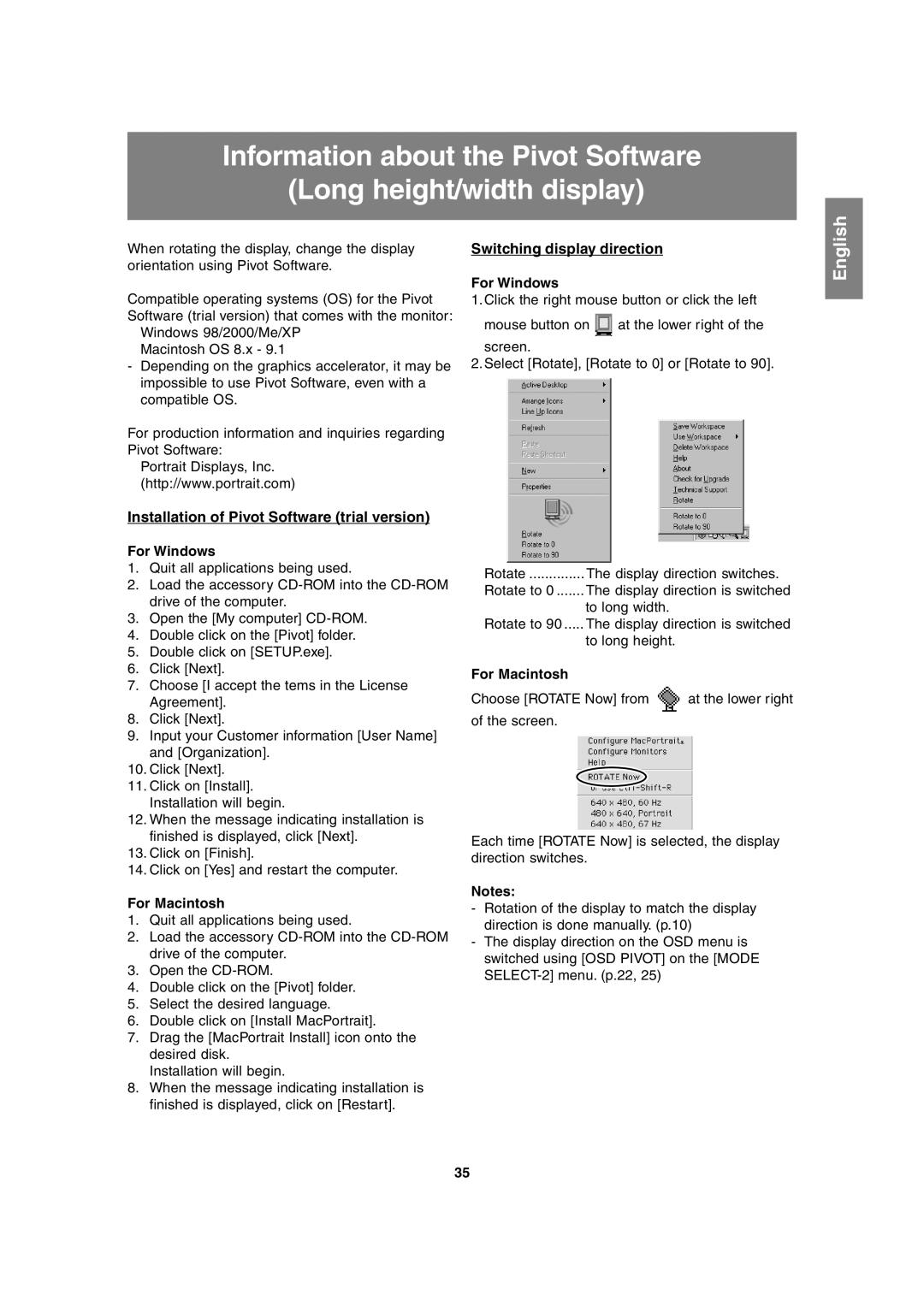 Sharp LL-T1815 Installation of Pivot Software trial version, Switching display direction, For Windows, For Macintosh 