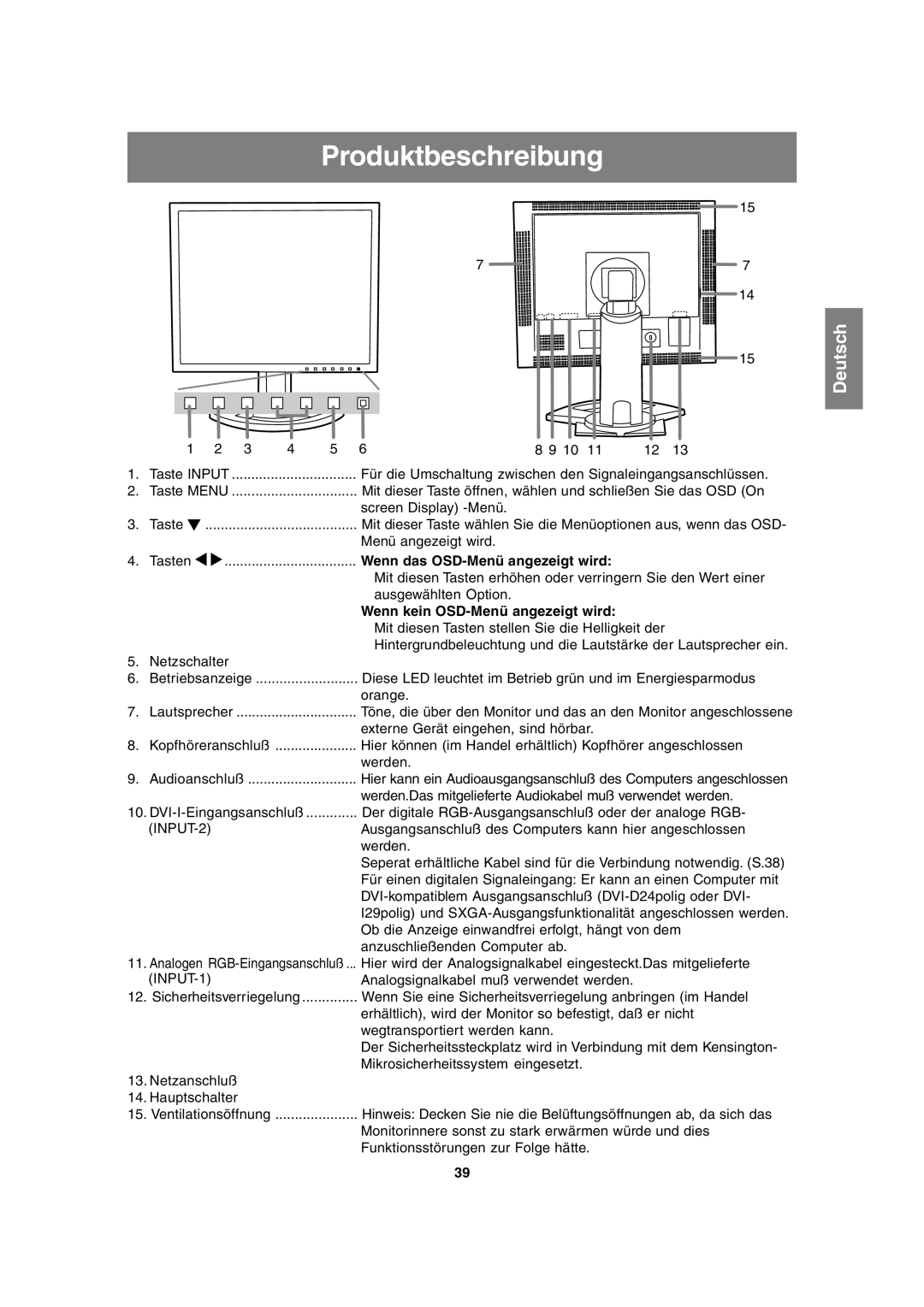 Sharp LL-T1815 operation manual Produktbeschreibung, Wenn das OSD-Menü angezeigt wird, Wenn kein OSD-Menü angezeigt wird 