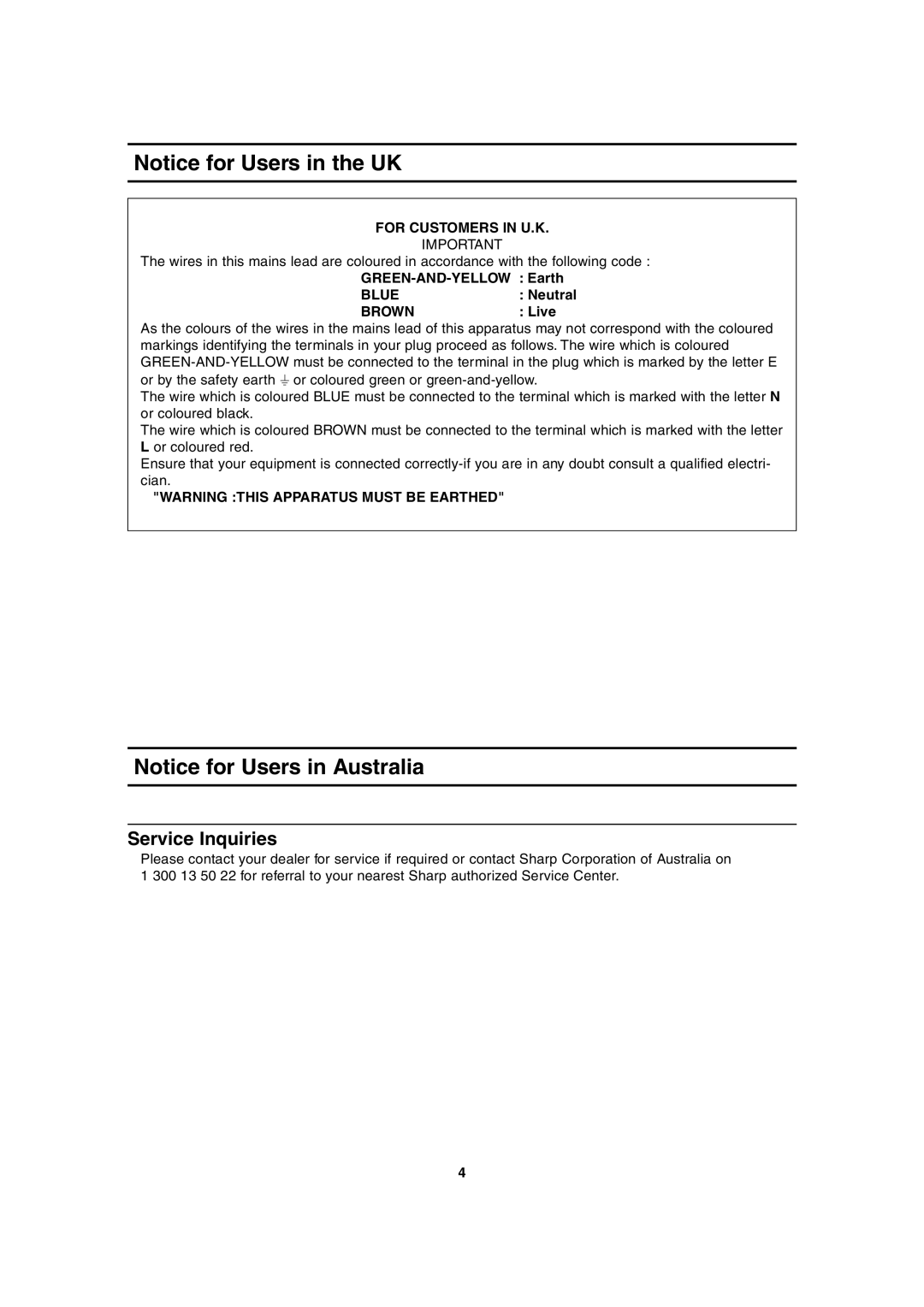 Sharp LL-T1815 operation manual Service Inquiries, For Customers in U.K, Blue, Brown 