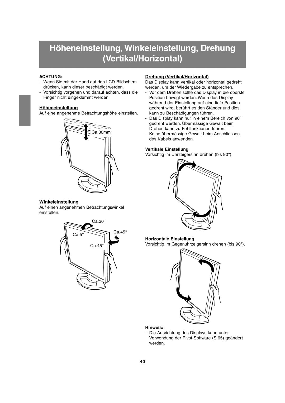 Sharp LL-T1815 operation manual Höheneinstellung, Drehung Vertikal/Horizontal, Winkeleinstellung, Achtung 