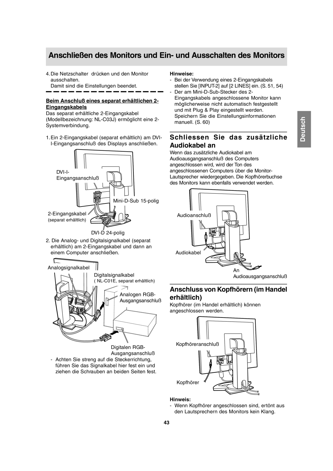 Sharp LL-T1815 operation manual Schliessen Sie das zusätzliche Audiokabel an, Anschluss von Kopfhörern im Handel erhältlich 