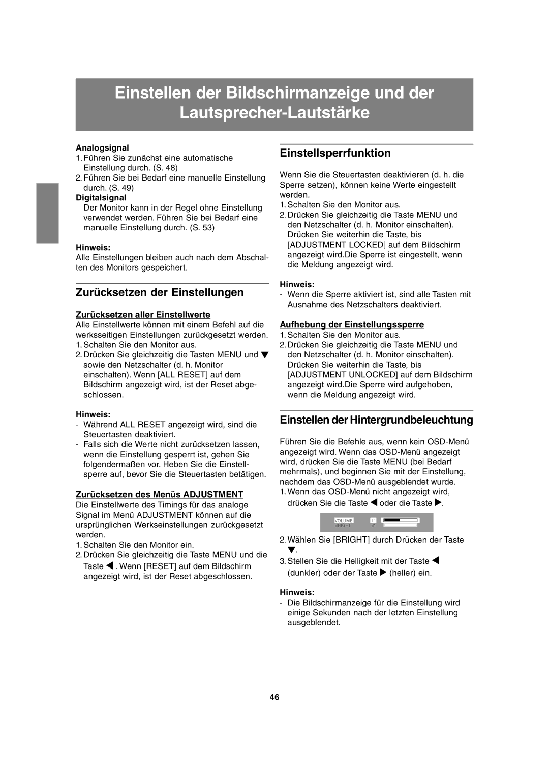 Sharp LL-T1815 operation manual Zurücksetzen der Einstellungen Einstellsperrfunktion, Einstellen der Hintergrundbeleuchtung 