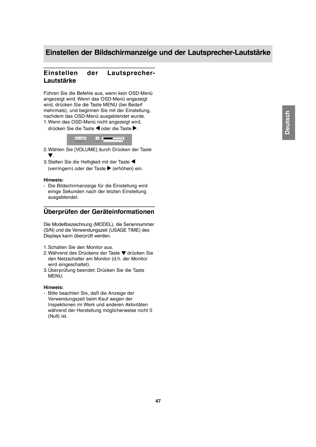 Sharp LL-T1815 operation manual Einstellen der Lautsprecher Lautstärke, Überprüfen der Geräteinformationen 