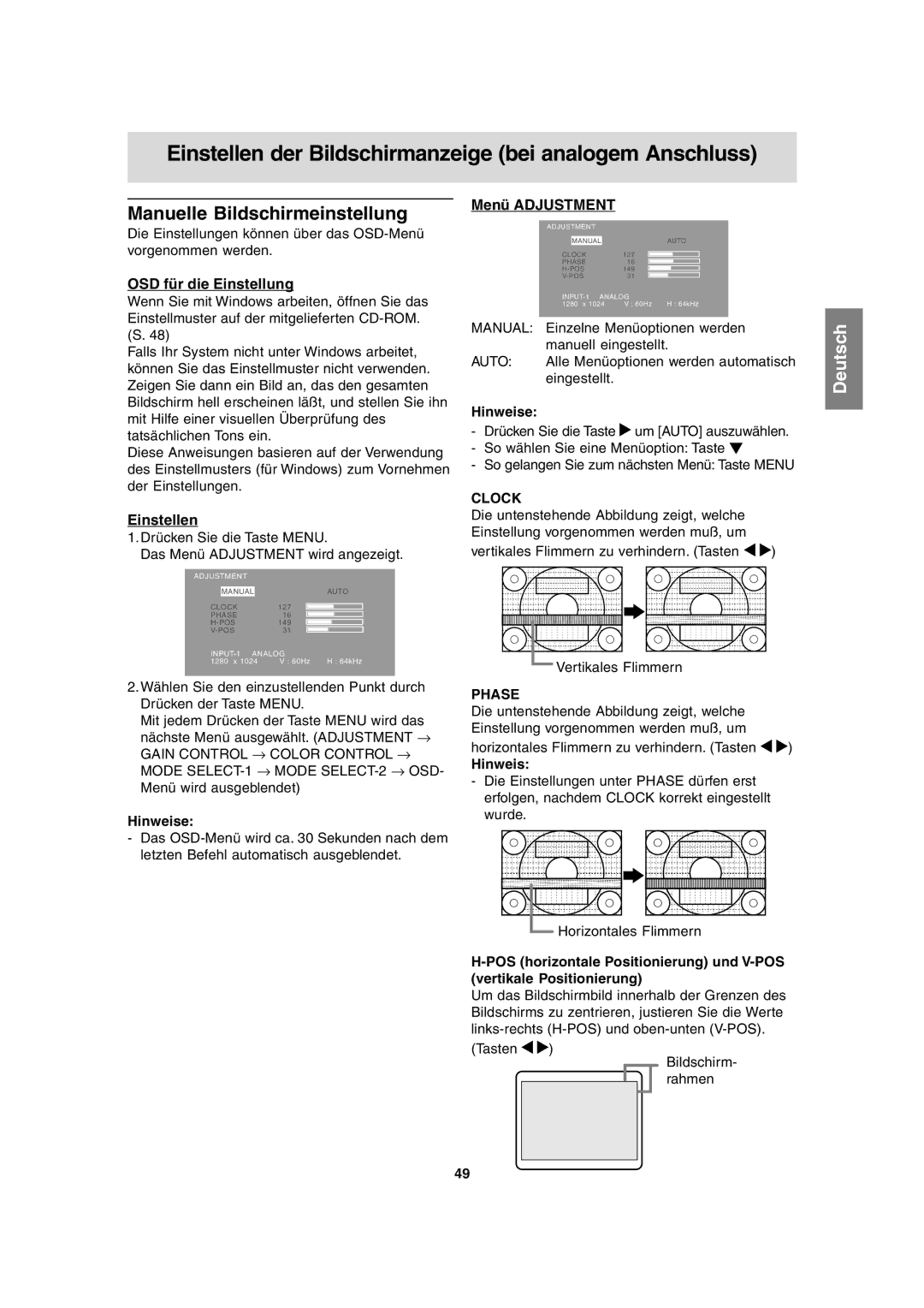 Sharp LL-T1815 Einstellen der Bildschirmanzeige bei analogem Anschluss, Manuelle Bildschirmeinstellung, Menü Adjustment 