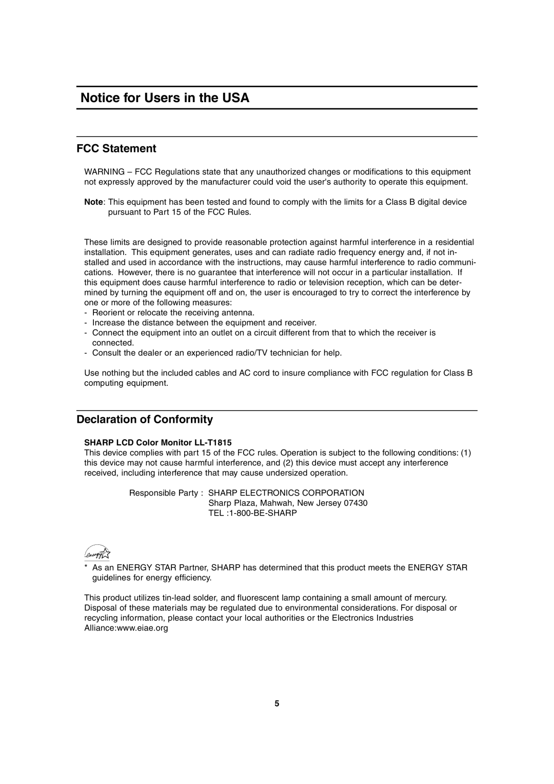 Sharp operation manual FCC Statement, Declaration of Conformity, Sharp LCD Color Monitor LL-T1815 