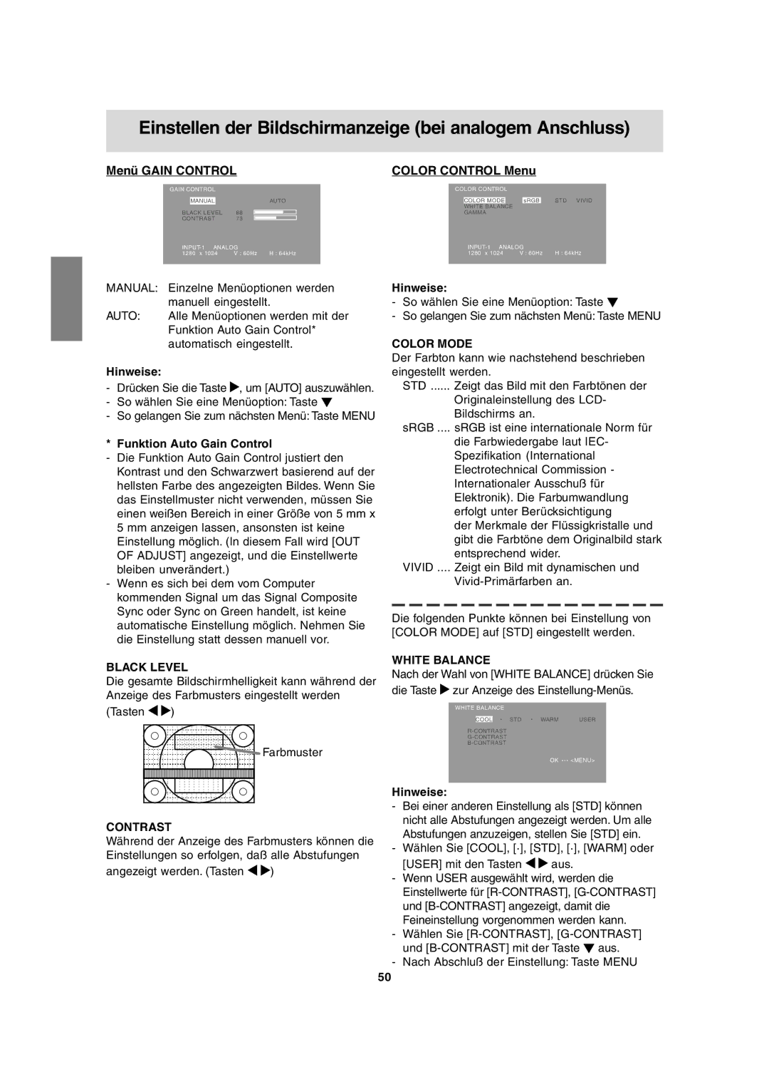 Sharp LL-T1815 operation manual Menü Gain Control, Funktion Auto Gain Control, Angezeigt werden. Tasten 