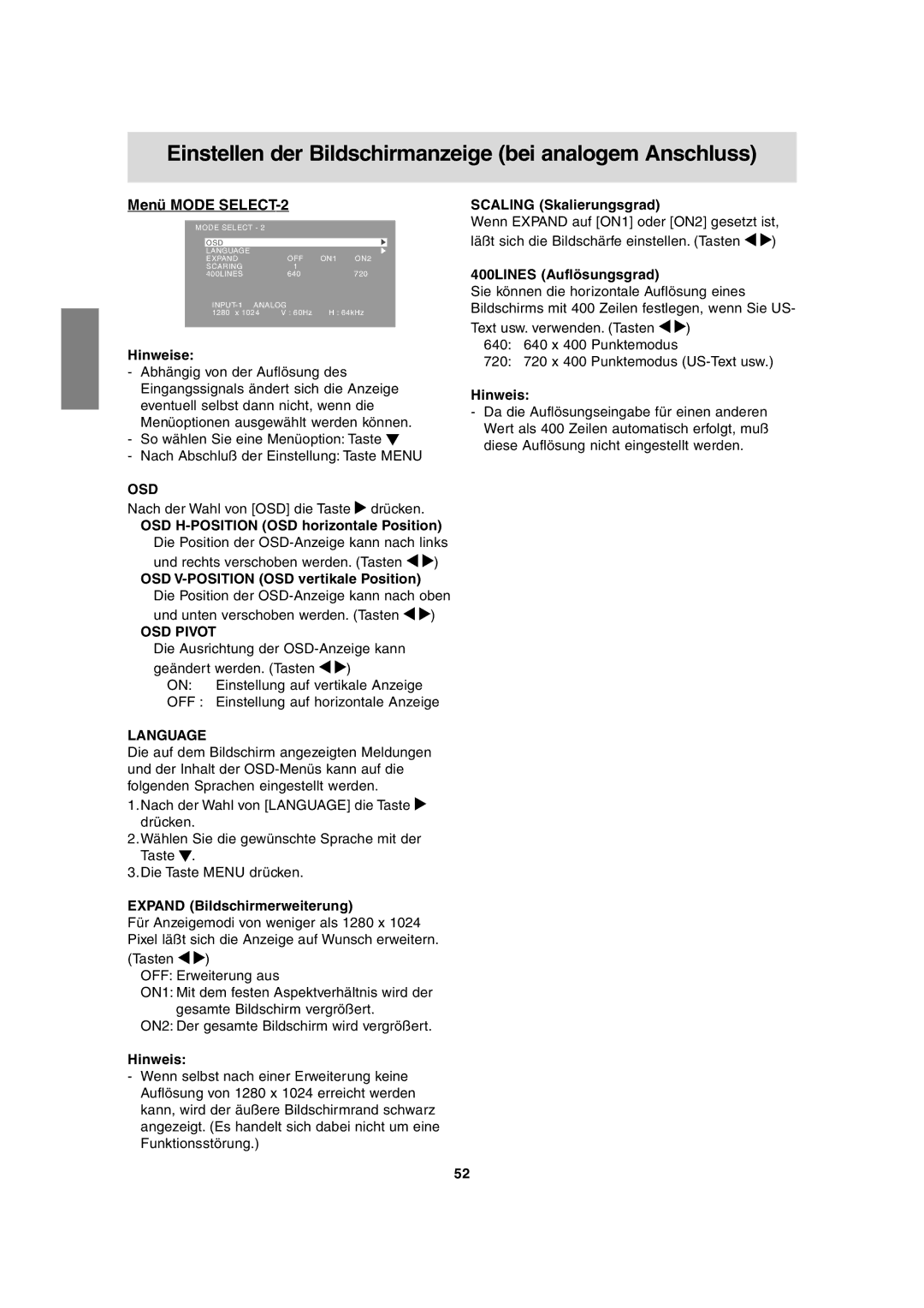 Sharp LL-T1815 operation manual Menü Mode SELECT-2, OSD V-POSITION OSD vertikale Position, Expand Bildschirmerweiterung 