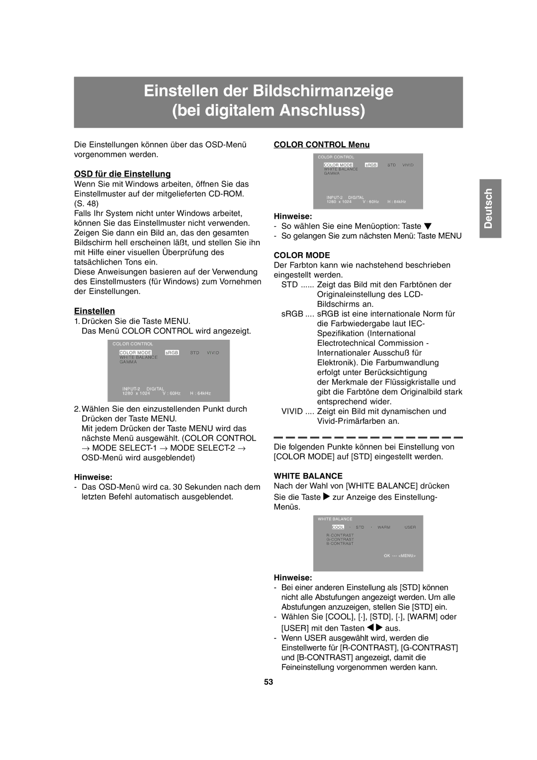 Sharp LL-T1815 operation manual Einstellen der Bildschirmanzeige Bei digitalem Anschluss, Color Control Menu 