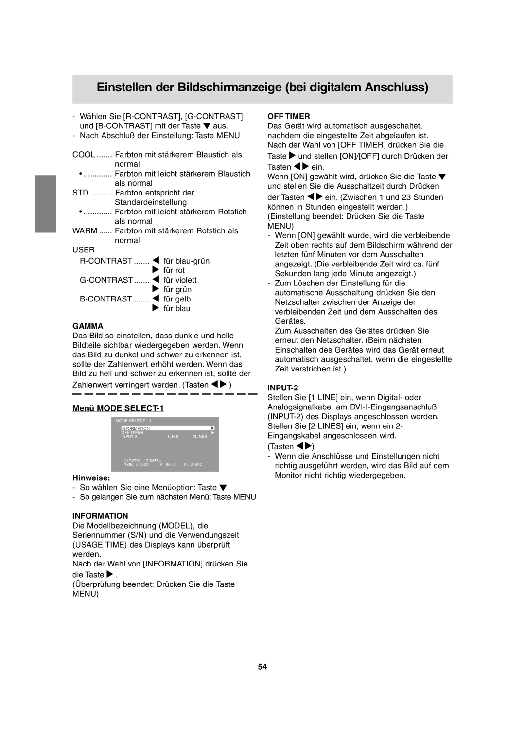 Sharp LL-T1815 operation manual Einstellen der Bildschirmanzeige bei digitalem Anschluss 