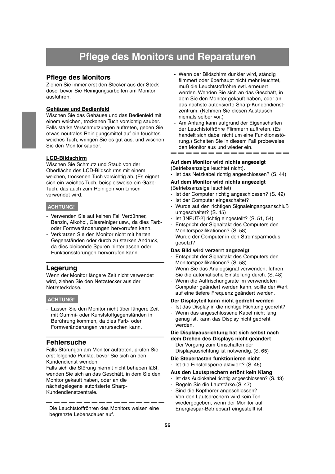 Sharp LL-T1815 operation manual Pflege des Monitors und Reparaturen, Lagerung, Fehlersuche 