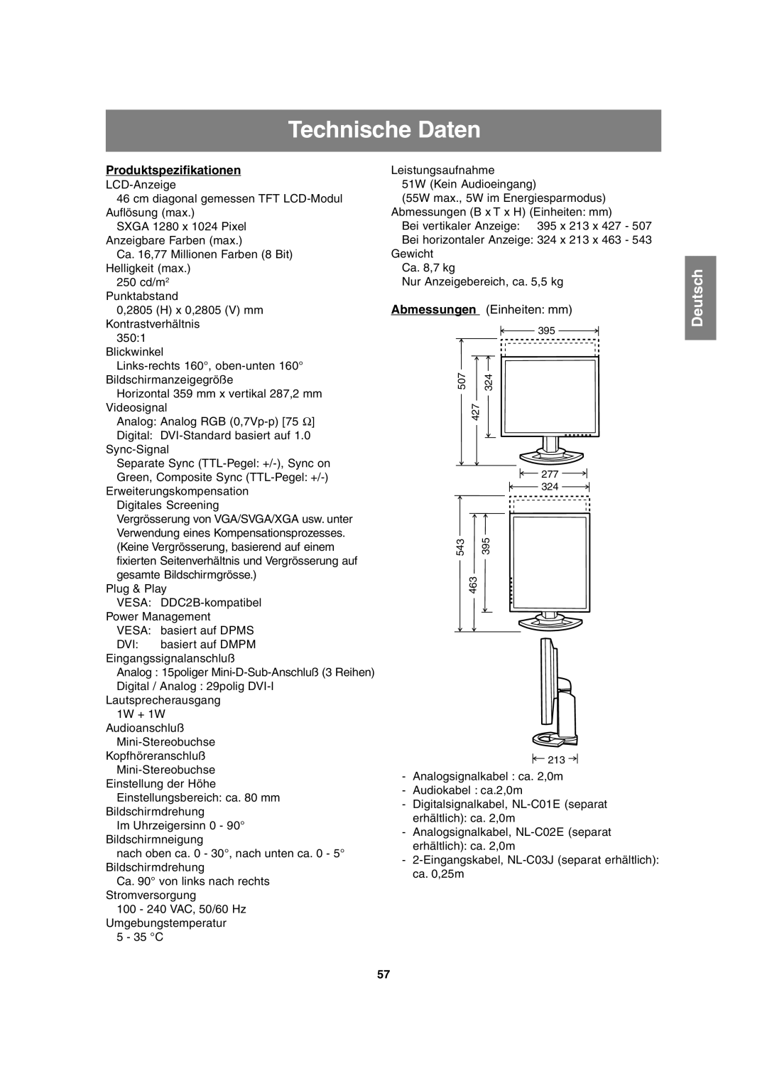 Sharp LL-T1815 operation manual Technische Daten, Produktspezifikationen 