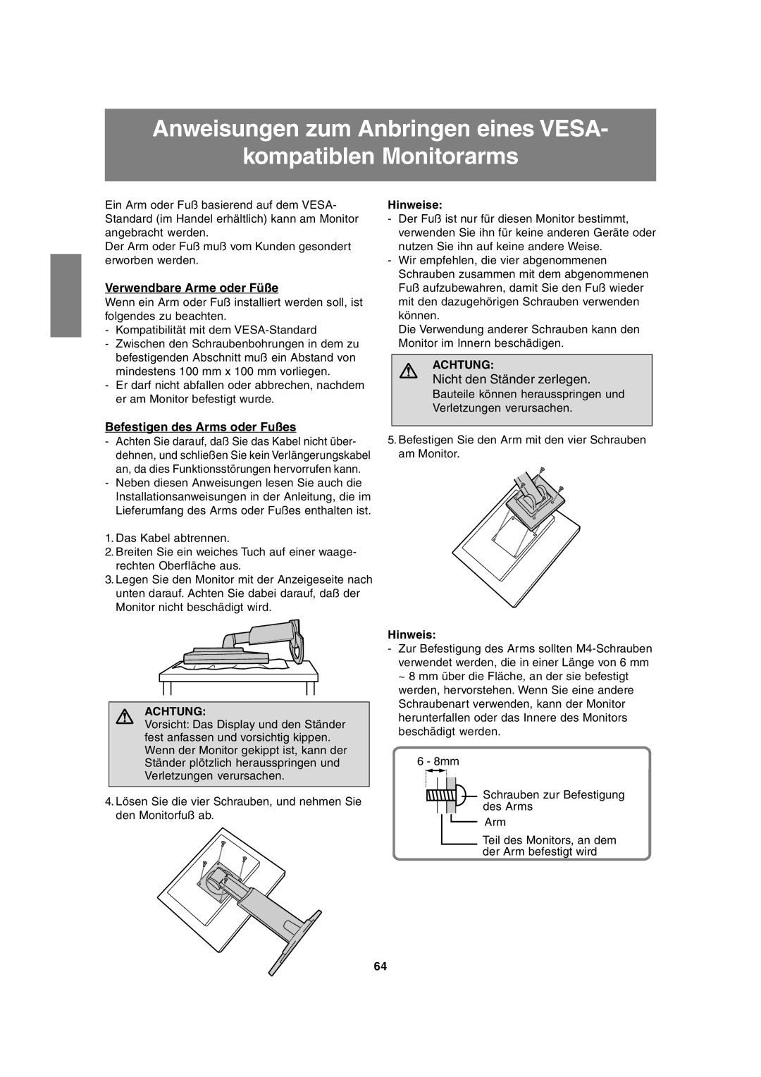 Sharp LL-T1815 operation manual Verwendbare Arme oder Füße, Befestigen des Arms oder Fußes 