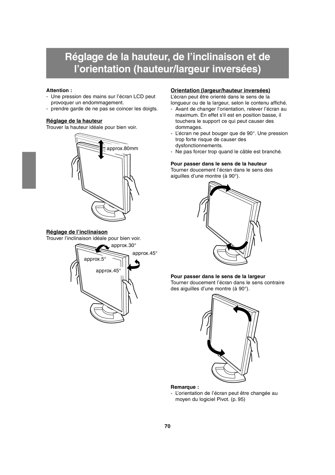 Sharp LL-T1815 operation manual Réglage de la hauteur, Orientation largeur/hauteur inversées, Réglage de l’inclinaison 