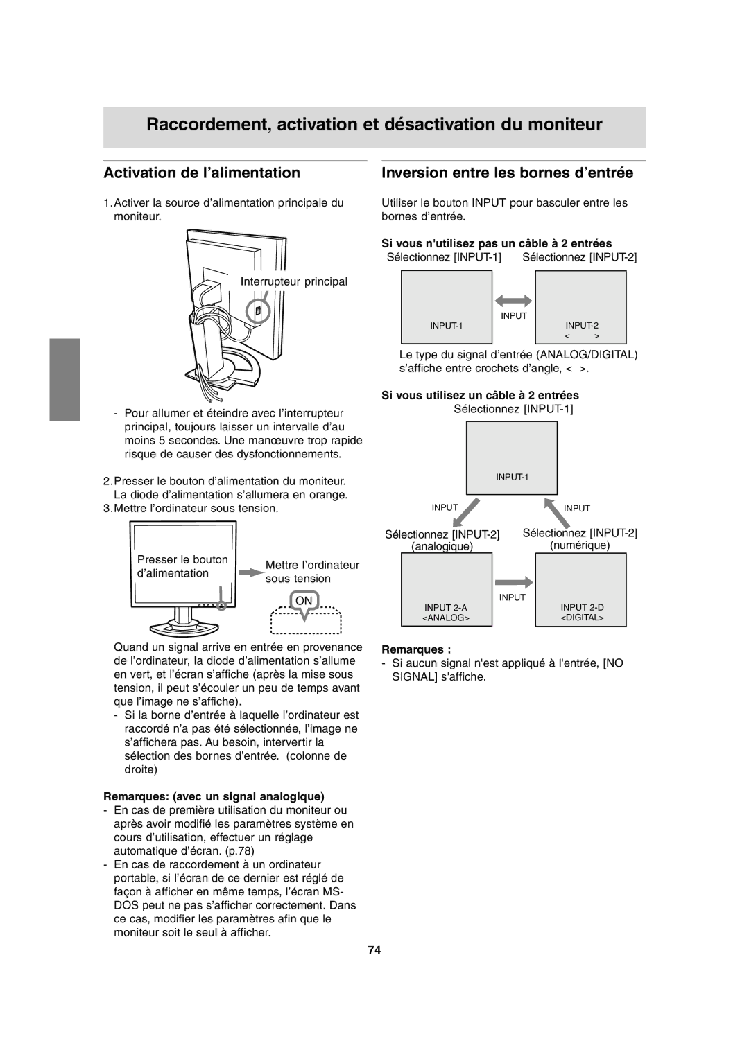 Sharp LL-T1815 Activation de l’alimentation, Inversion entre les bornes d’entrée, Remarques avec un signal analogique 