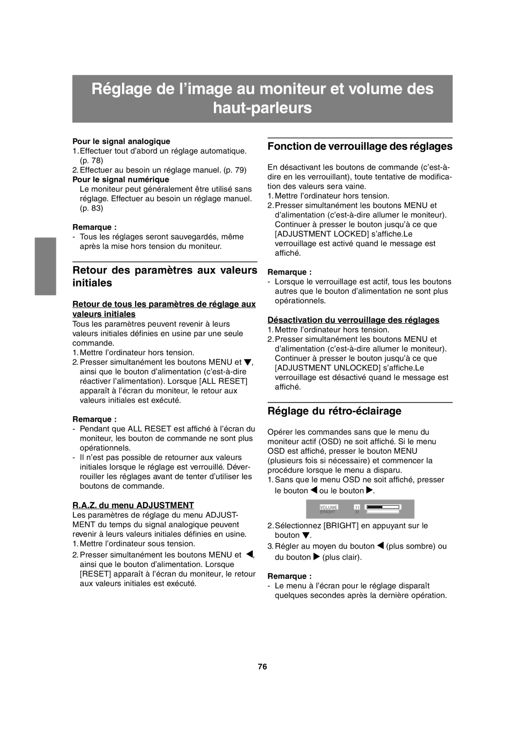 Sharp LL-T1815 Réglage de l’image au moniteur et volume des Haut-parleurs, Retour des paramètres aux valeurs initiales 