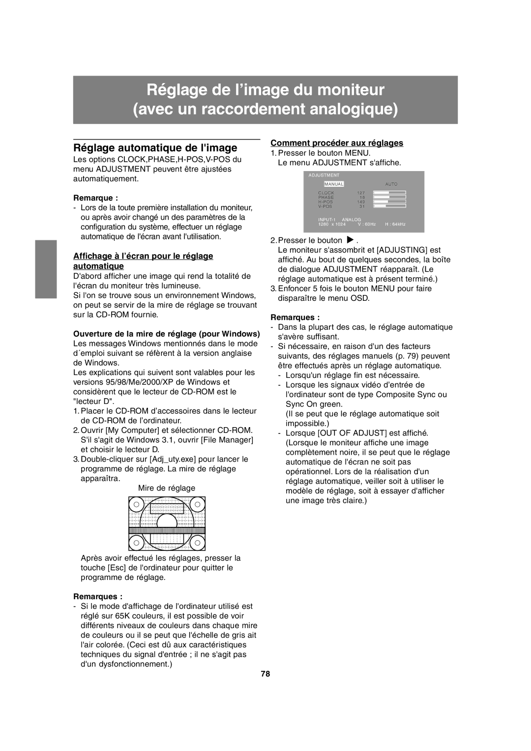 Sharp LL-T1815 operation manual Réglage automatique de limage, Affichage à l’écran pour le réglage automatique 