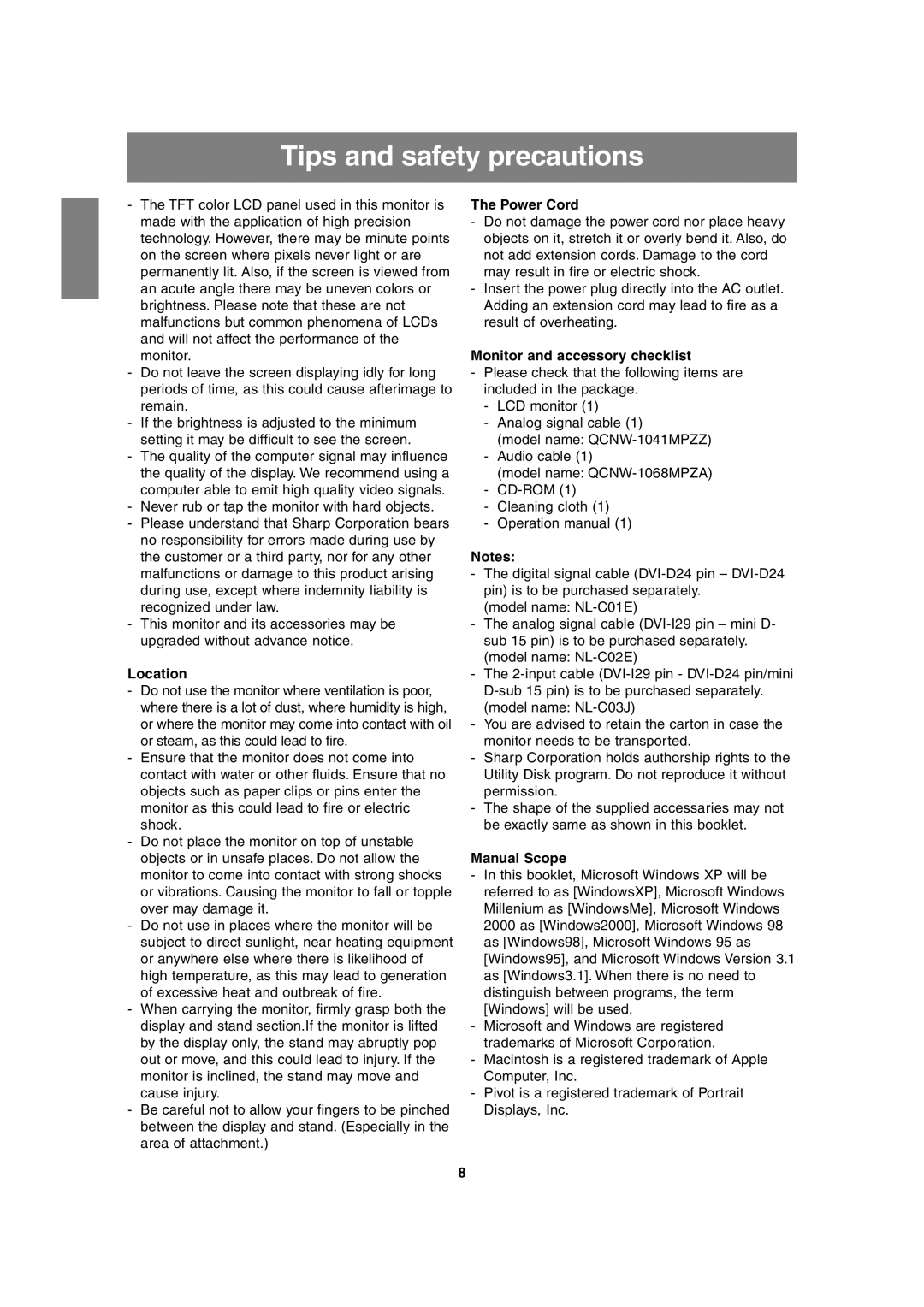 Sharp LL-T1815 Tips and safety precautions, Location, Power Cord, Monitor and accessory checklist, Manual Scope 