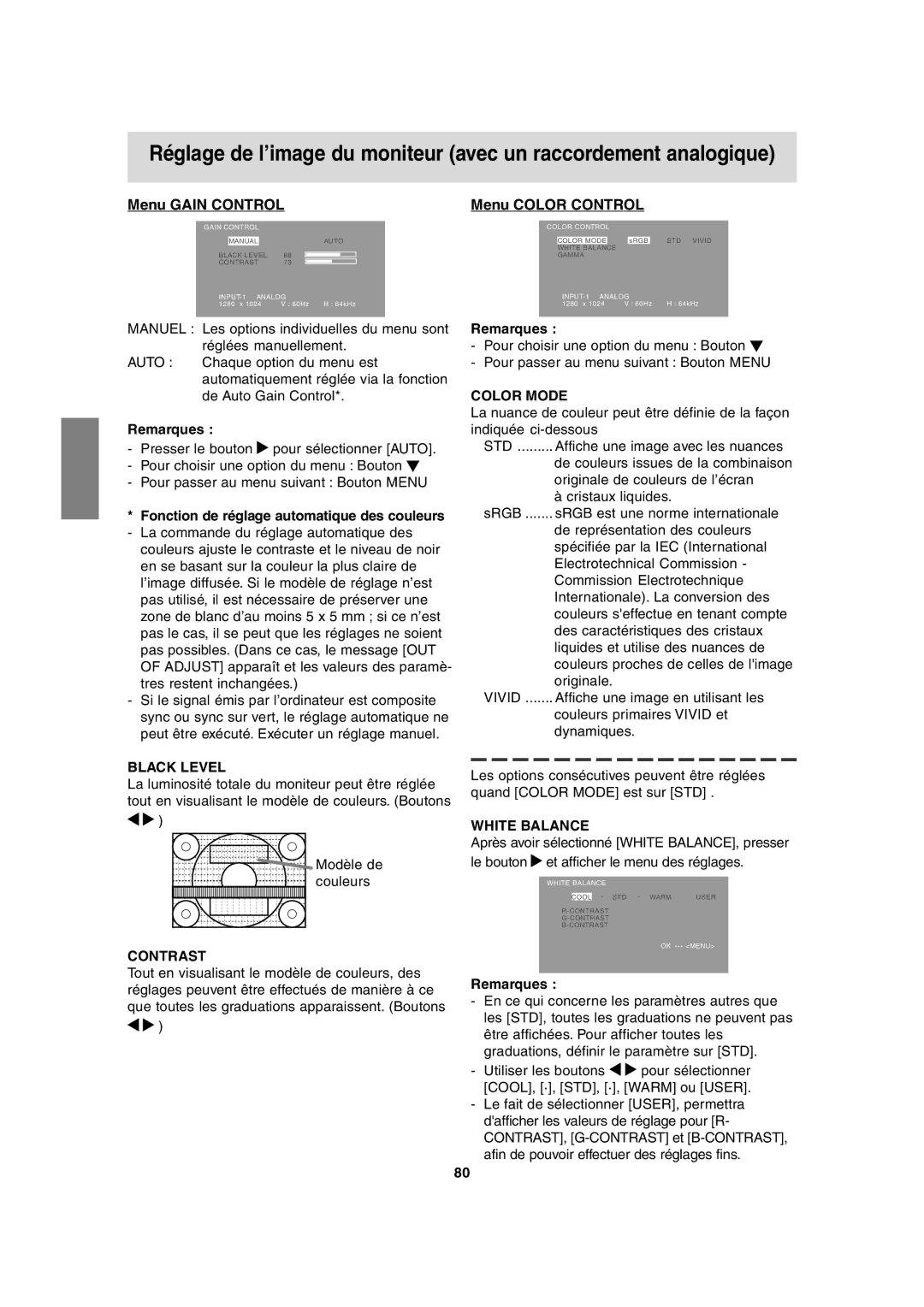 Sharp LL-T1815 Menu Gain Control, Menu Color Control, Modèle de couleurs, Tout en visualisant le modèle de couleurs, des 