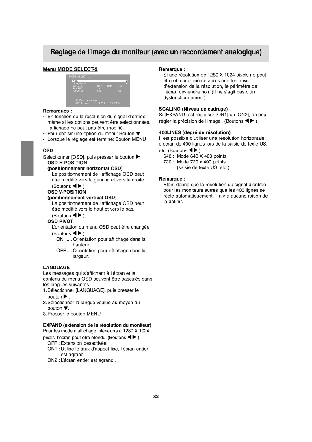 Sharp LL-T1815 operation manual Menu Mode SELECT-2, OSD H-POSITION positionnement horizontal OSD, Scaling Niveau de cadrage 