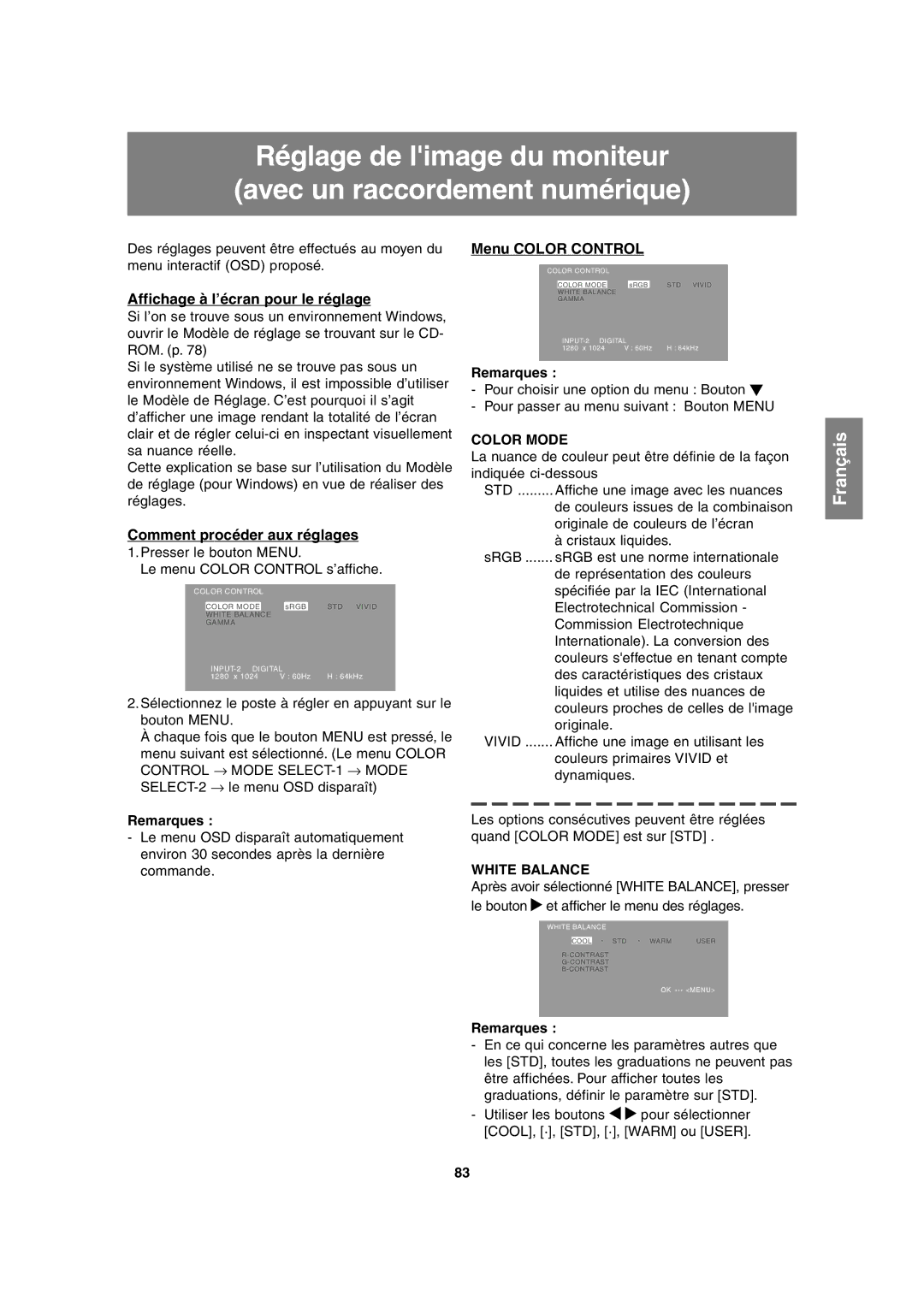 Sharp LL-T1815 operation manual Affichage à l’écran pour le réglage, Presser le bouton Menu Le menu Color Control s’affiche 