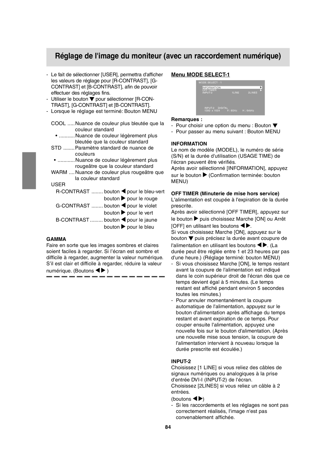 Sharp LL-T1815 operation manual Réglage de limage du moniteur avec un raccordement numérique 