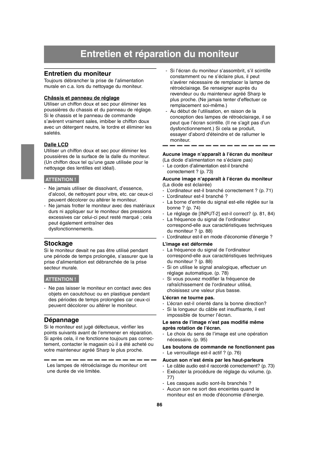 Sharp LL-T1815 operation manual Entretien et réparation du moniteur, Entretien du moniteur, Stockage, Dépannage 