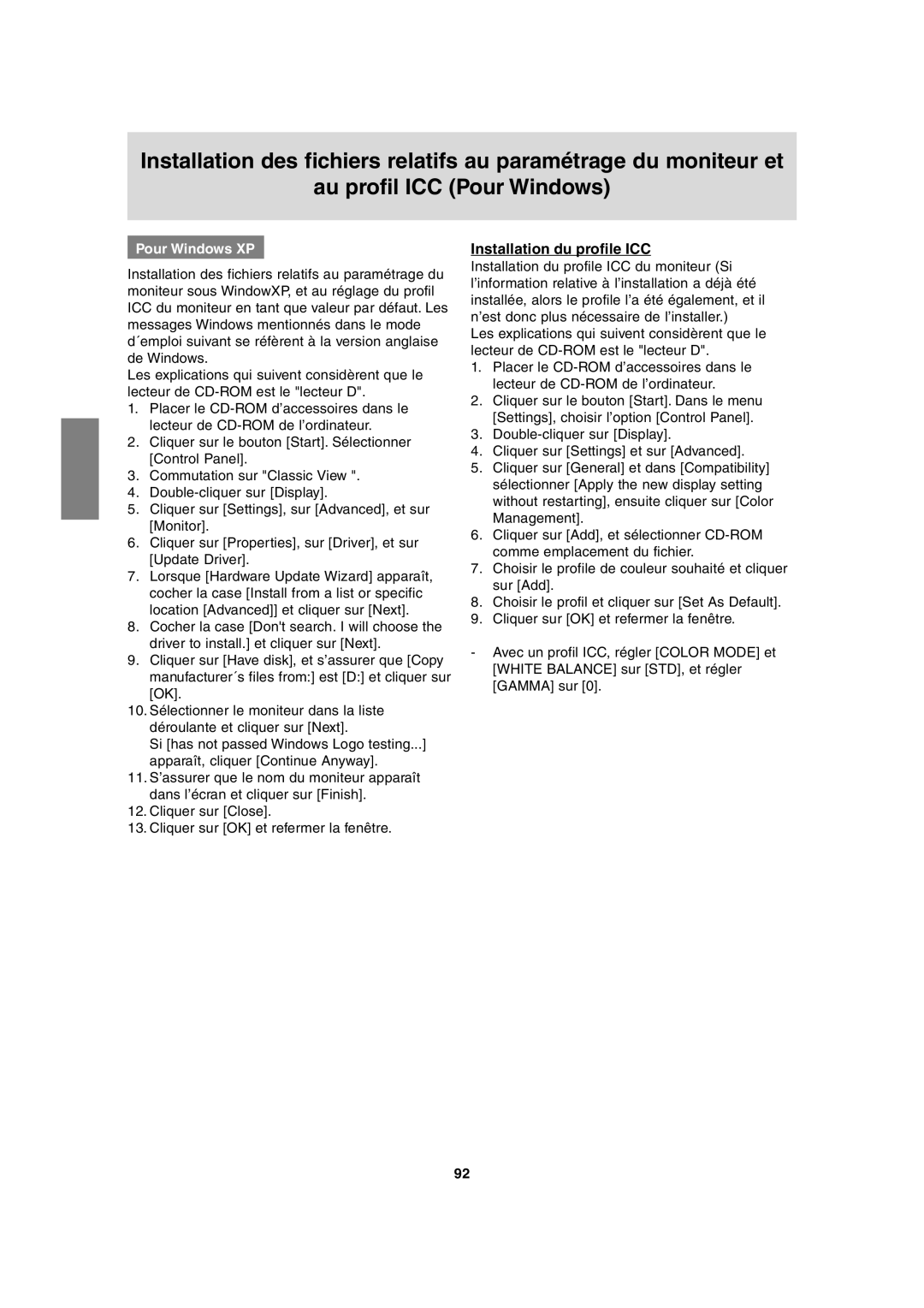 Sharp LL-T1815 operation manual Installation du profile ICC, Pour Windows XP 