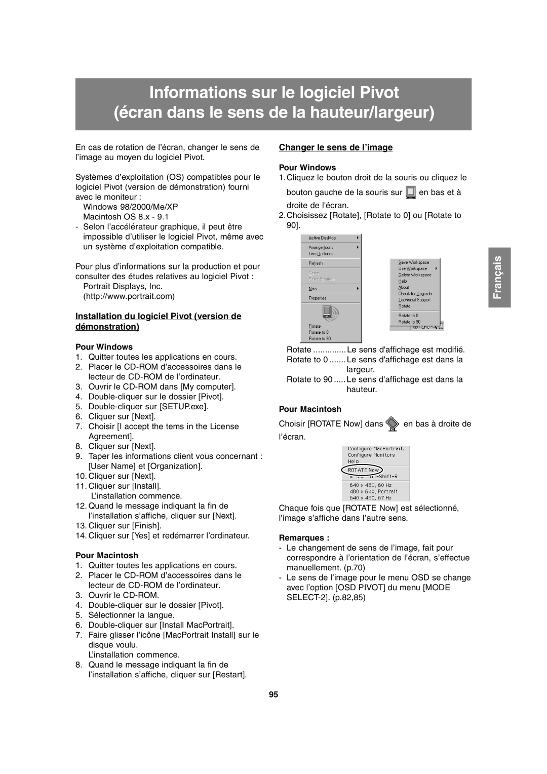 Sharp LL-T1815 Installation du logiciel Pivot version de démonstration, Changer le sens de l’image, Pour Windows 