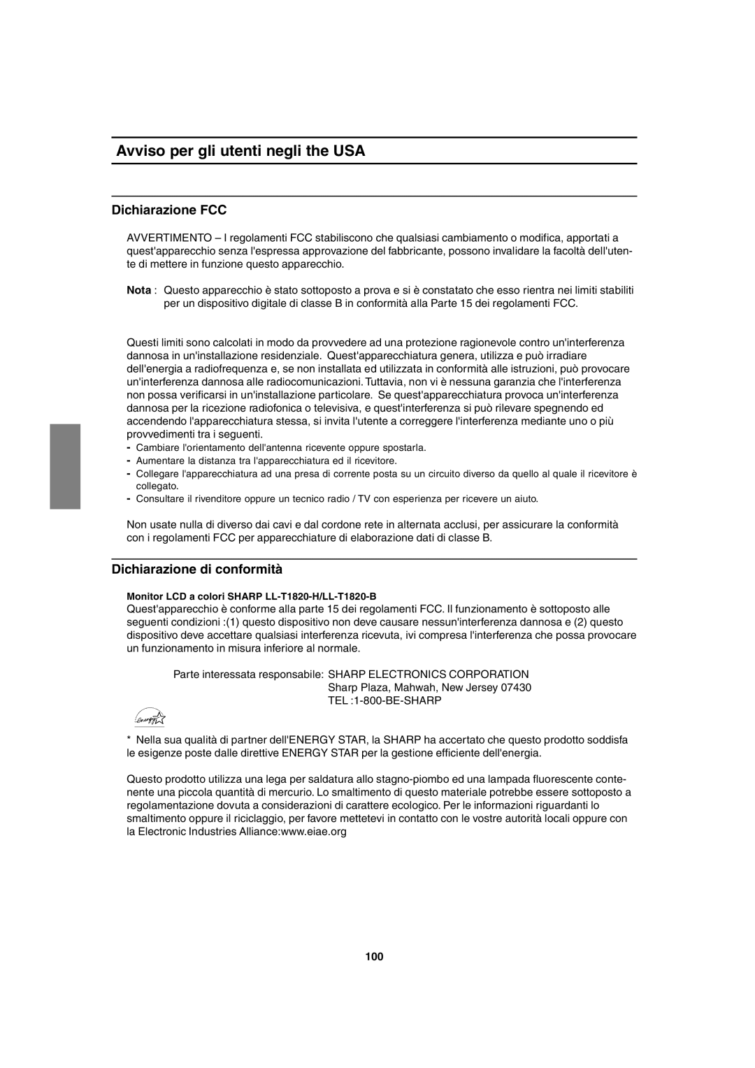 Sharp LL-T1820-B operation manual Avviso per gli utenti negli the USA, Dichiarazione FCC, Dichiarazione di conformità, 100 