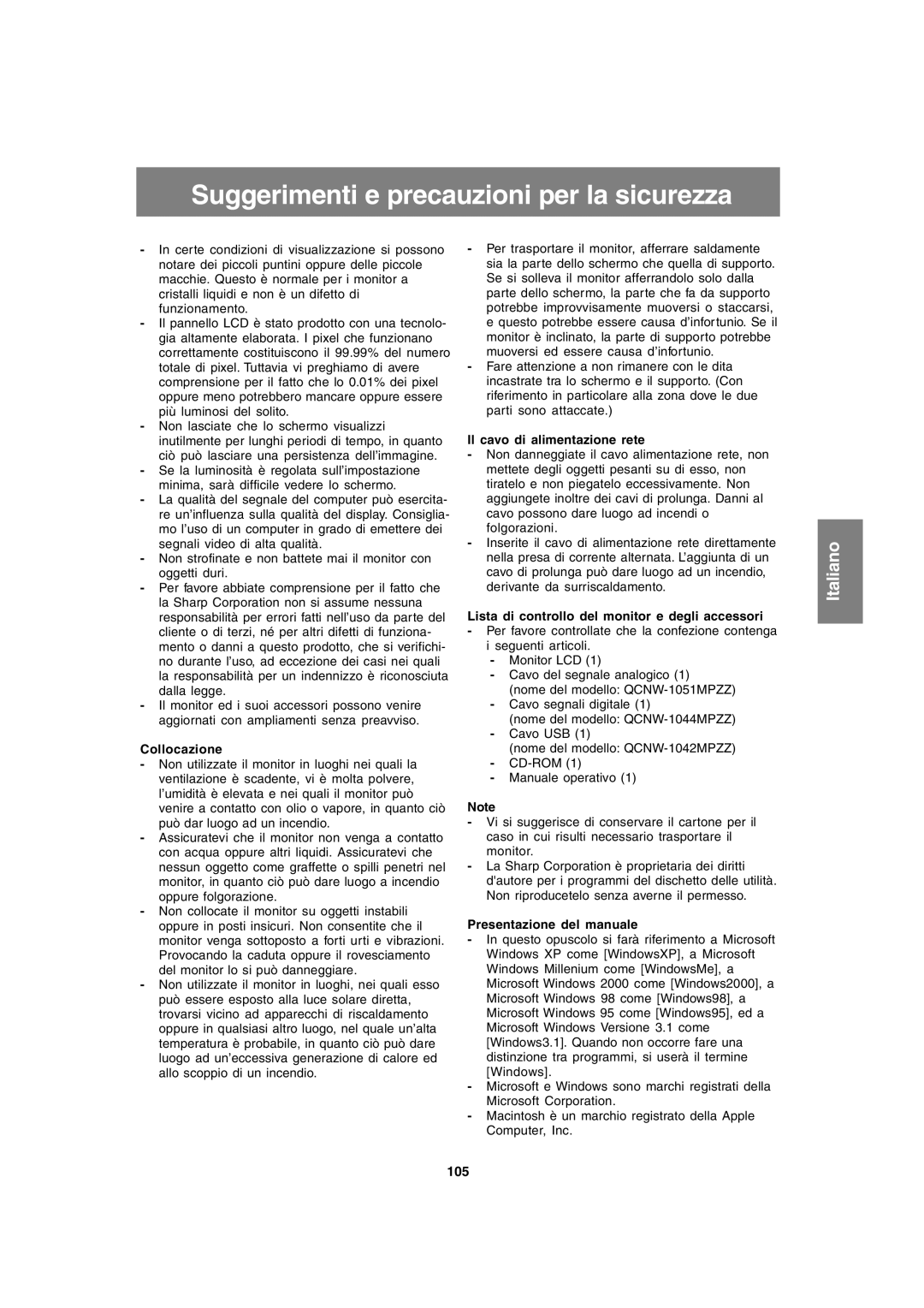 Sharp LL-T1820-B operation manual Suggerimenti e precauzioni per la sicurezza 