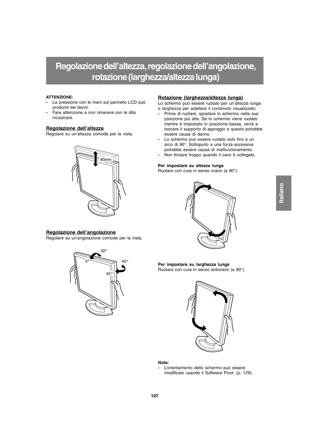 Sharp LL-T1820-B operation manual Rotazione larghezza/altezza lunga, Regolazione dell’altezza, Regolazione dell’angolazione 