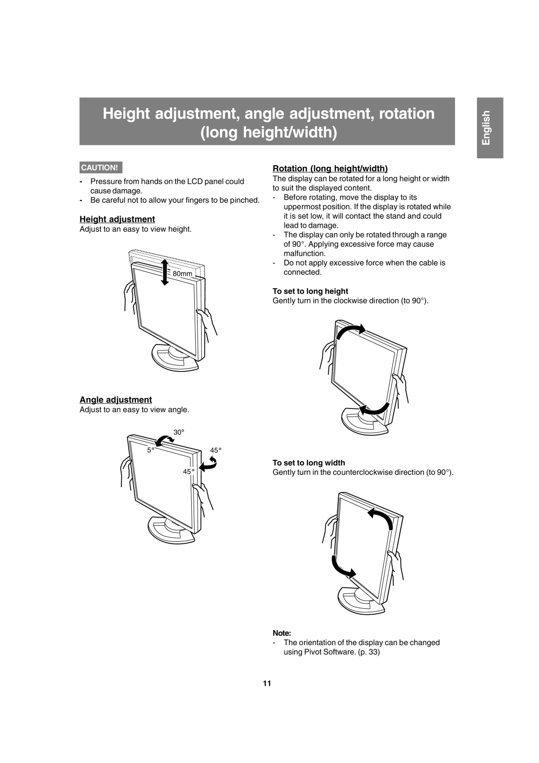 Sharp LL-T1820-B operation manual Height adjustment, Angle adjustment, Rotation long height/width, To set to long height 