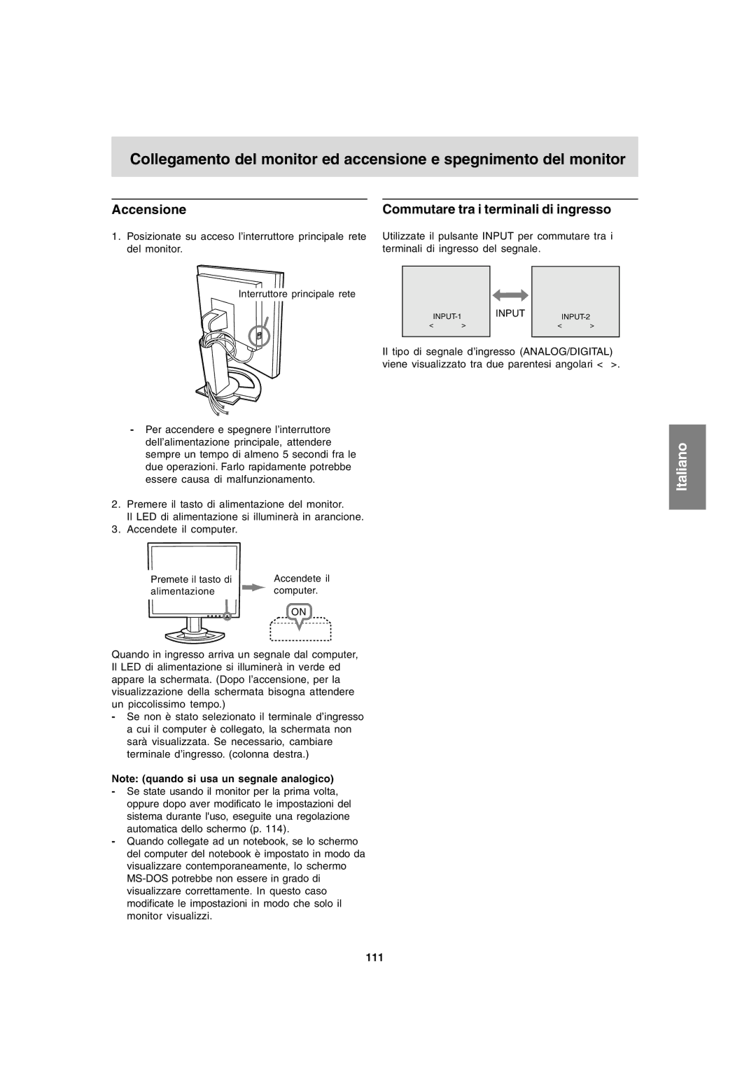 Sharp LL-T1820-B operation manual Accensione, Commutare tra i terminali di ingresso, 111 