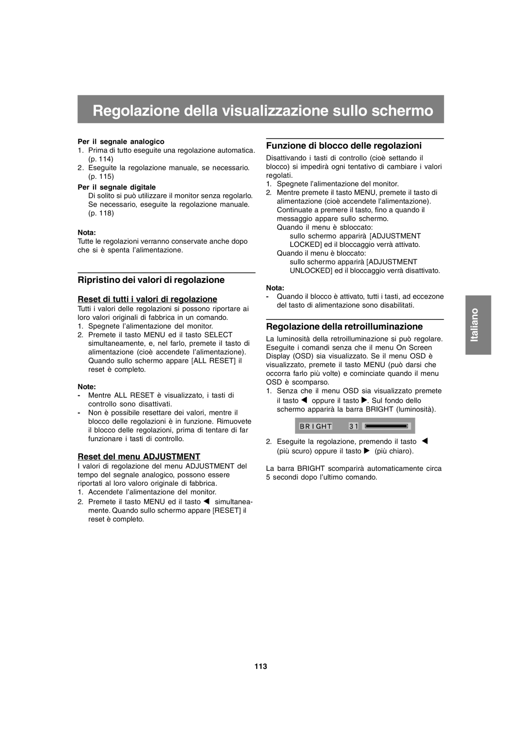 Sharp LL-T1820-B operation manual Regolazione della visualizzazione sullo schermo, Ripristino dei valori di regolazione 