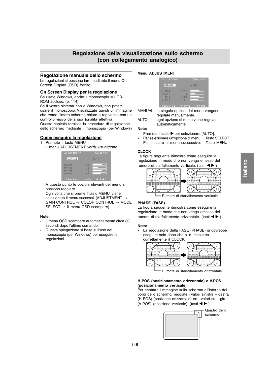 Sharp LL-T1820-B operation manual Regolazione manuale dello schermo, On Screen Display per la regolazione, Phase Fase, 115 