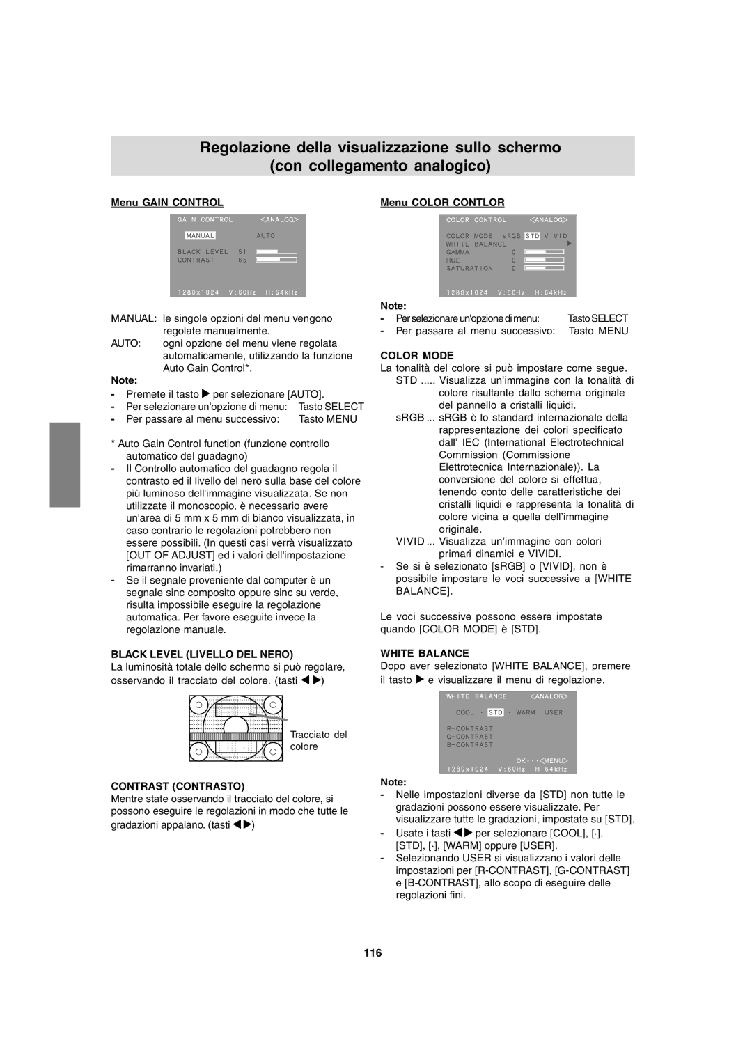 Sharp LL-T1820-B operation manual Menu Gain Control, Black Level Livello DEL Nero, Contrast Contrasto, 116 