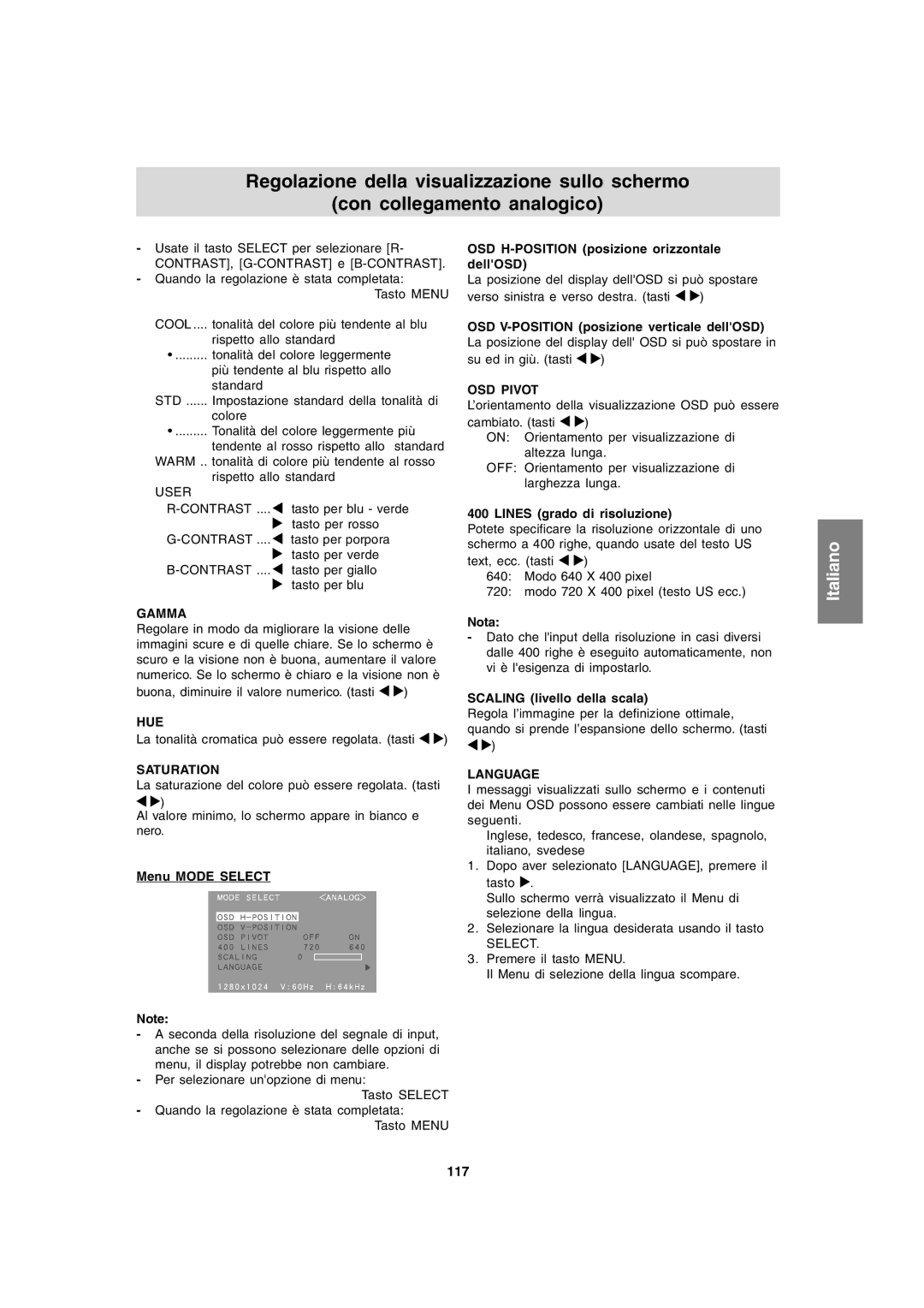 Sharp LL-T1820-B Menu Mode Select, OSD H-POSITION posizione orizzontale dellOSD, Lines grado di risoluzione, 117 