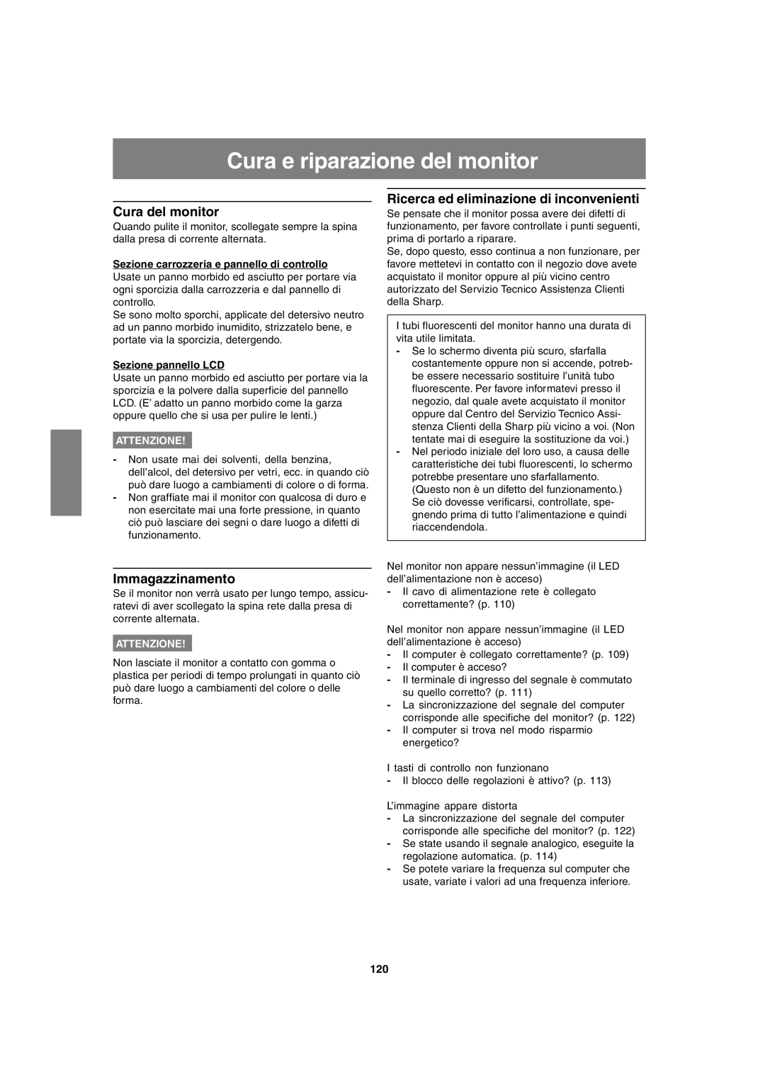 Sharp LL-T1820-B operation manual Cura e riparazione del monitor, Cura del monitor, Immagazzinamento 