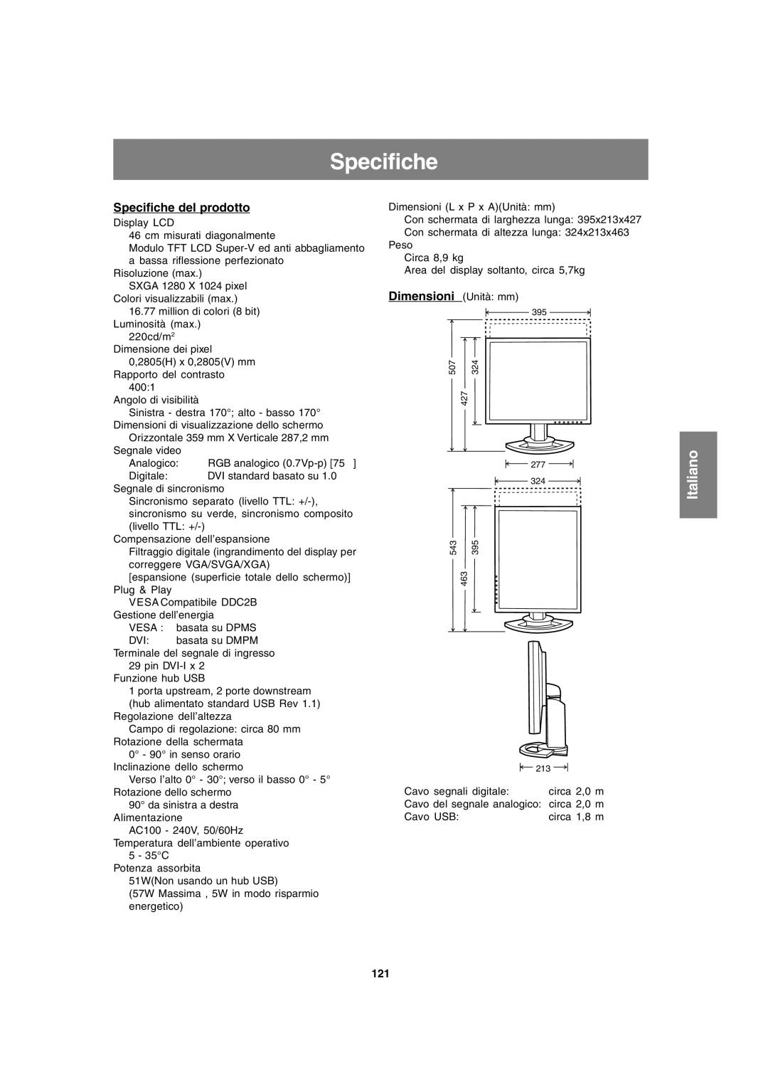 Sharp LL-T1820-B operation manual Specifiche del prodotto, 121 