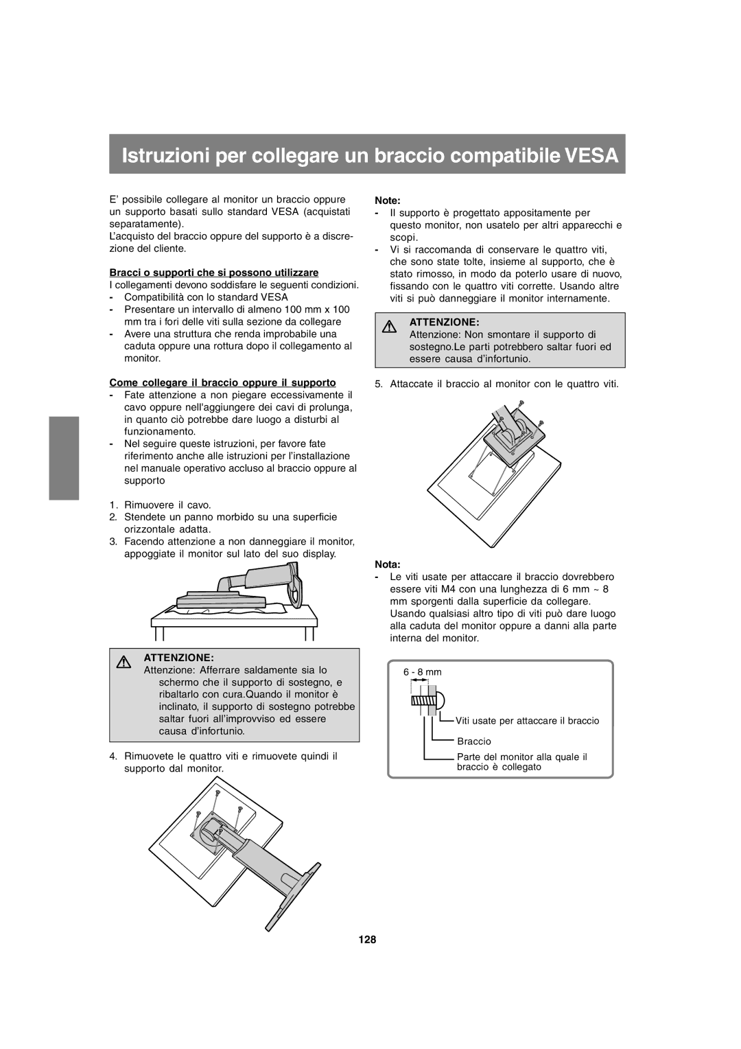 Sharp LL-T1820-B Bracci o supporti che si possono utilizzare, Come collegare il braccio oppure il supporto, 128 