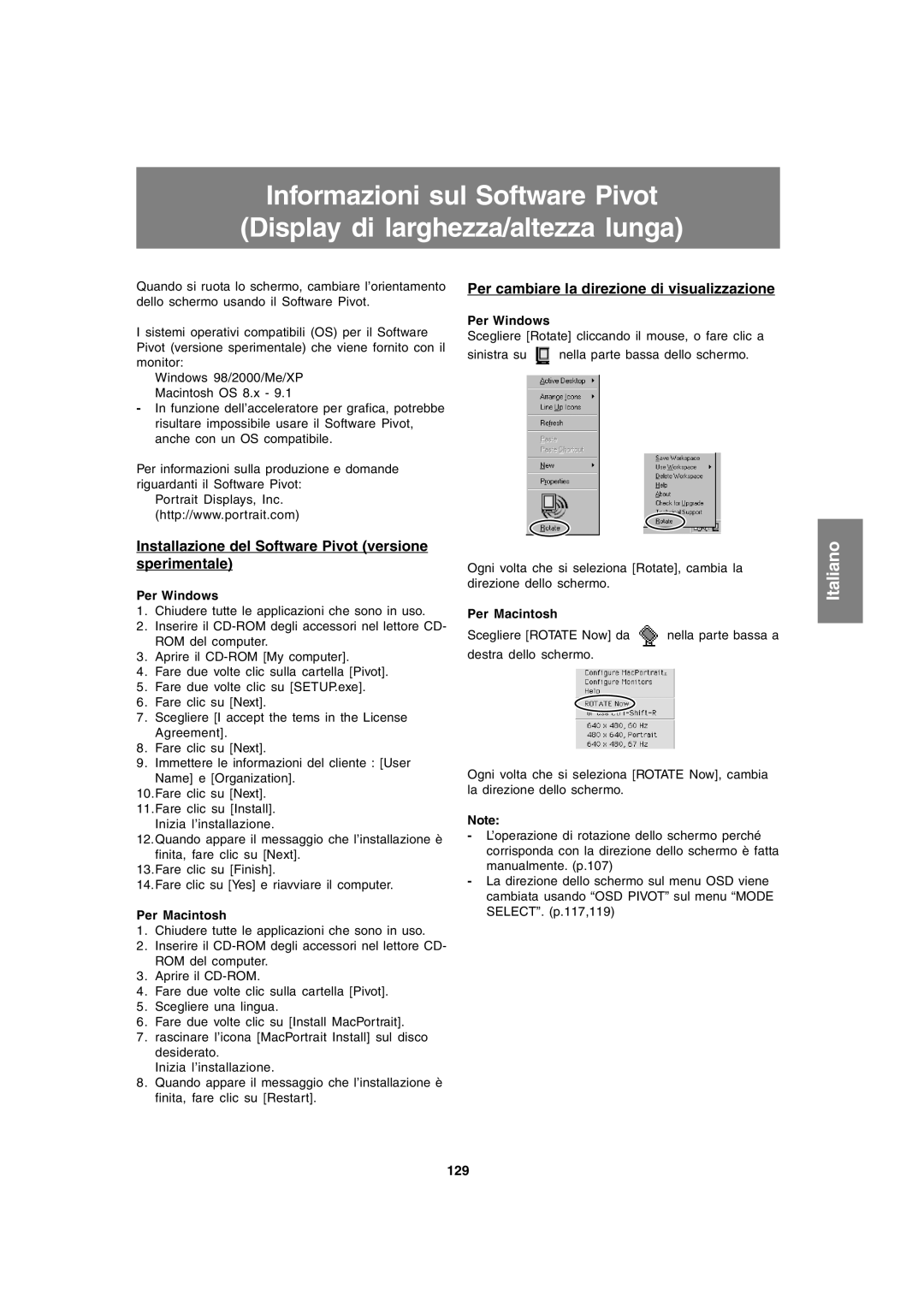 Sharp LL-T1820-B Per cambiare la direzione di visualizzazione, Installazione del Software Pivot versione sperimentale, 129 