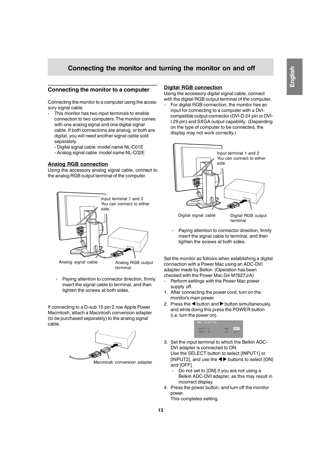 Sharp LL-T1820-B Connecting the monitor and turning the monitor on and off, Connecting the monitor to a computer 