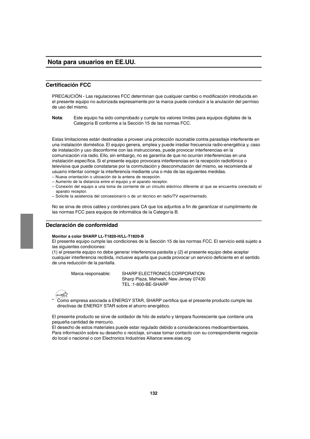 Sharp LL-T1820-B operation manual Nota para usuarios en EE.UU, Certificación FCC, Declaración de conformidad, 132 